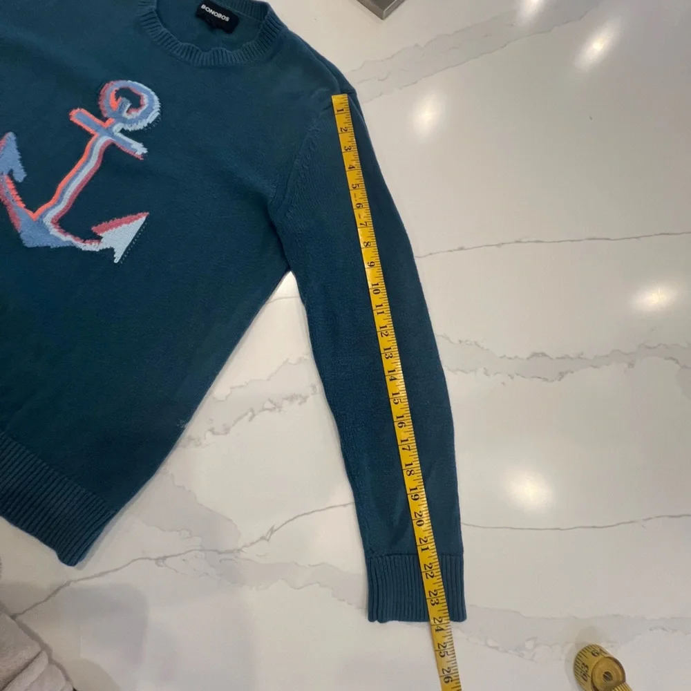 Bonobos Teal Crewneck Sweater with Anchor Design Slim Small